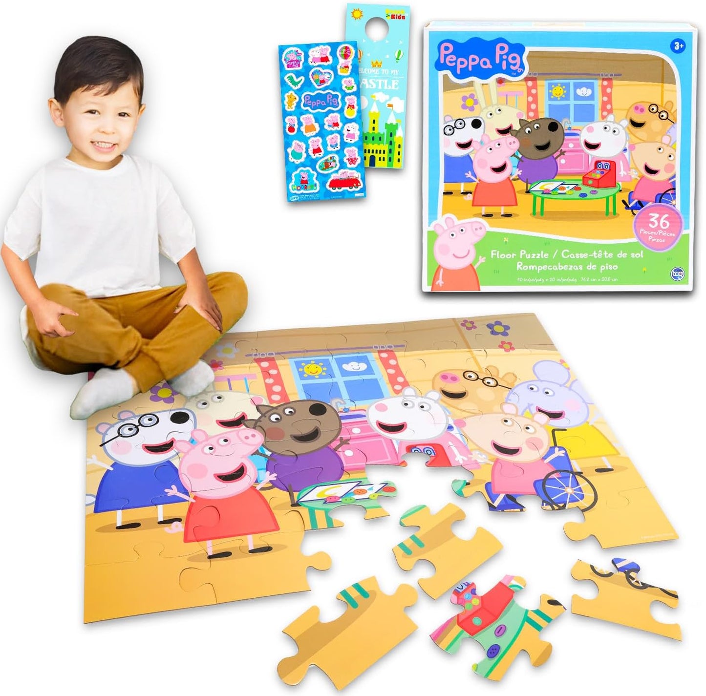 Peppa Pig Floor Puzzle for Kids 3-5 - Bundle with 36 Pc Jigsaw Puzzle Plus Stickers, More | 20" x 30" Peppa Pig Puzzles for Girls, Kids, Toddlers