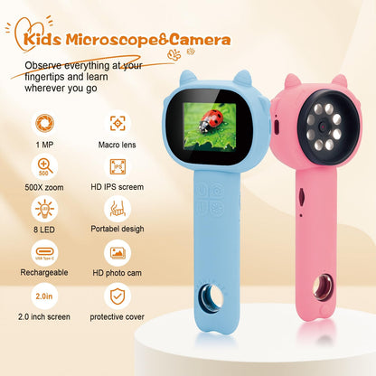 Microscope for Kids 500x Magnification,4X Zoom Mini Pocket Handheld Microscope with 2.0" Screen for Toddlers-STEM Educational Science Kit Toddler for Boys Girls Aged 3-12(Black)