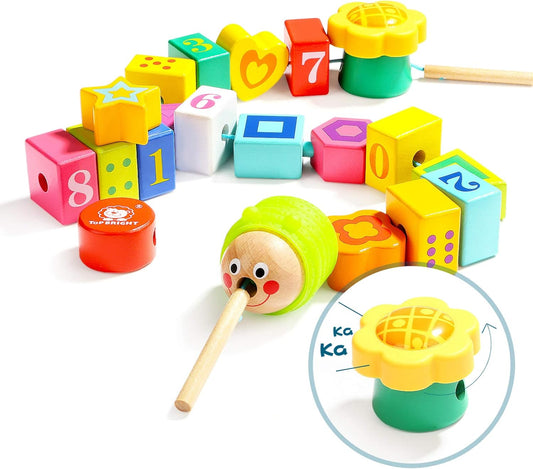 TOP BRIGHT Wooden Lacing Beads for Toddlers, Kids Fine Motor Skills Montessori Toys for 1 2 Year Old Girls Boys, Threading Toys for Two Year Old Girl Birthday Gifts