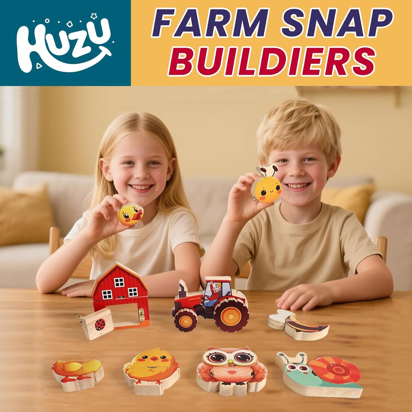 HUZU Animal Snap Wooden Building Blocks – Fun & Educational Puzzle Toy for Kids Aged 3-8, Features Cow, Bear, Lion and Turtle, Matching Game with Interchangeable Animal Faces & Emotions