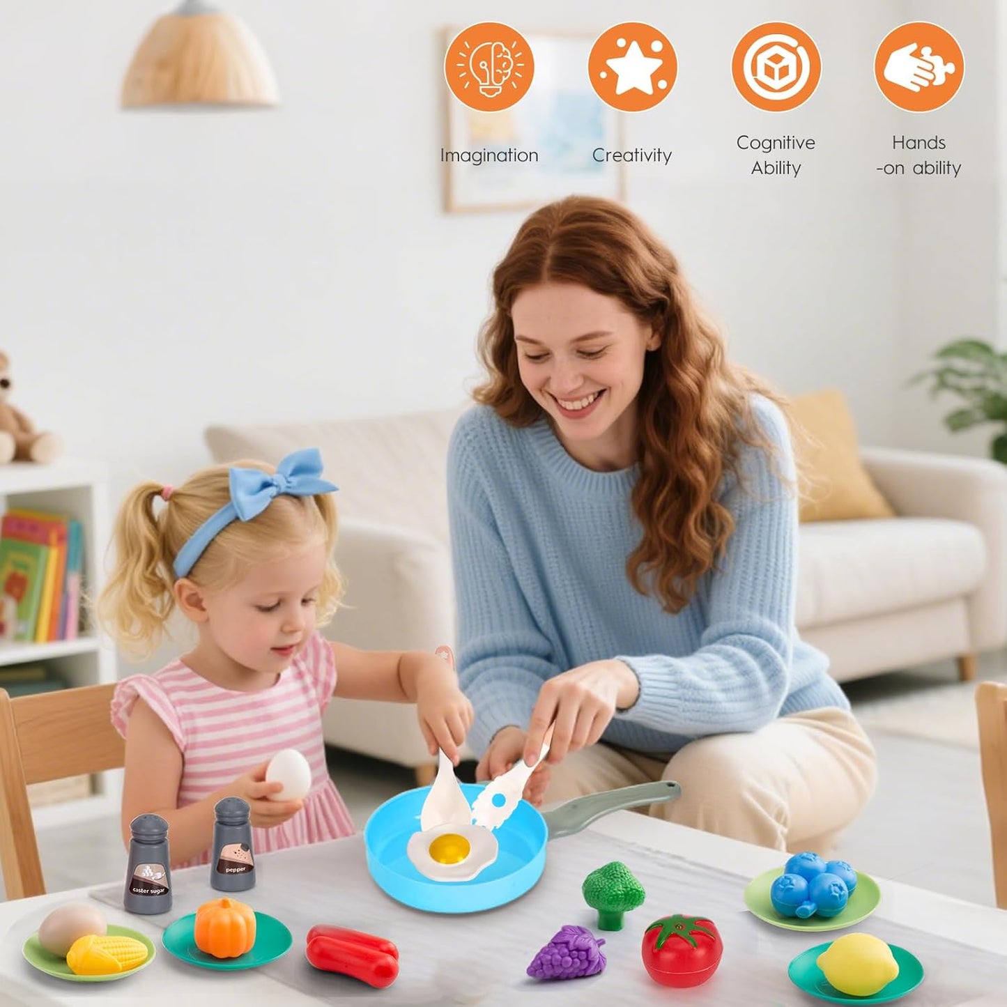 150Pcs Kitchen Playset, Toddlers Pretend Cooking Cookware Accessories, Food, Picnic Blanket, Fruits, Veges, 2Pack Shopping Storage Basket, Dessert and Prop Money, Gift for Kids (Pink)
