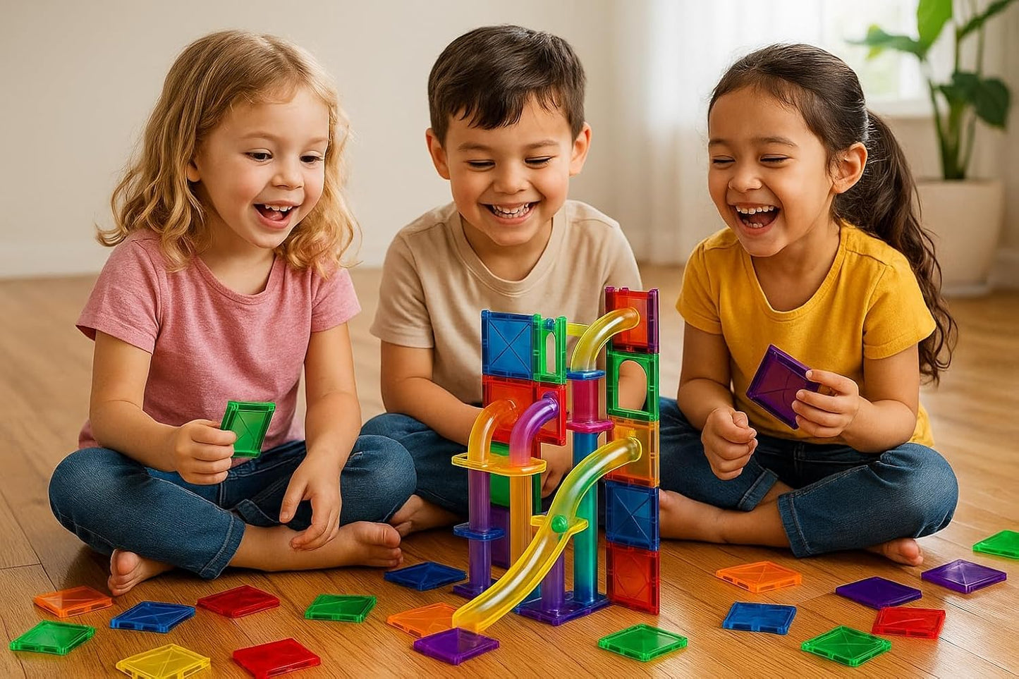 Magnetic Building Tiles Marble Run Set, 115 Pieces STEAM Construction Blocks with Marble Run Track, Educational STEM Toy for Kids Ages 3+, Rainbow Colors