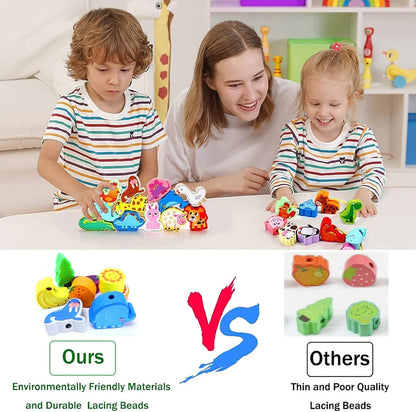 46 PCS Montessori Wooden Lacing Beads Toys for Toddlers,Educational Stringing Animals Fruits Farm Threading Beads Preschool Learning Toys for Kids 3 4 5 6 Year Old Boys Girls…