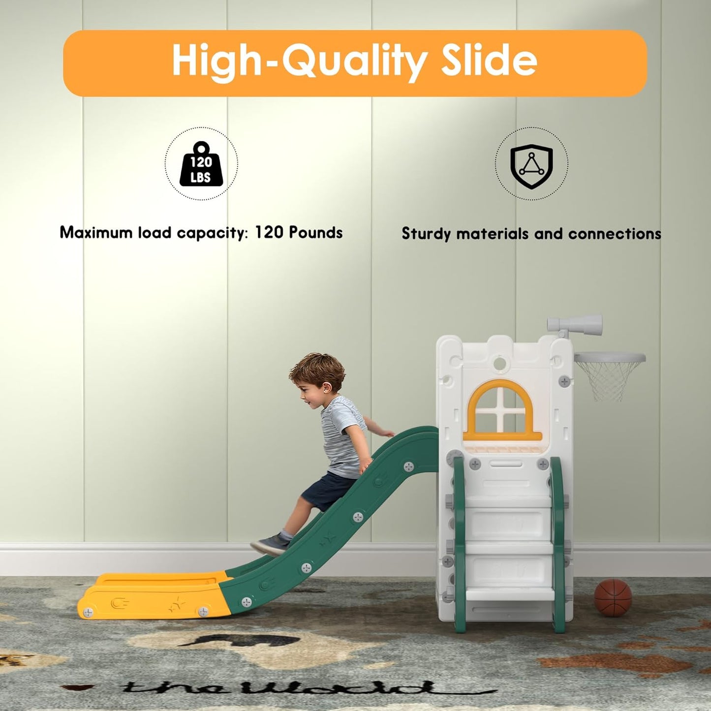 LulliSpace 6 in 1 Toddler Slide,Kids Playset for Toddlers Indoor Outdoor, Baby Slide with Basketball Hoop, Telescope & Storage Space,Non-Slip Steps for Great Gift