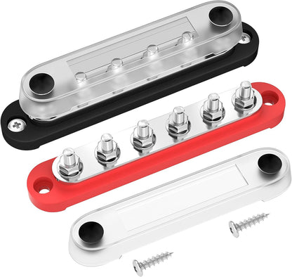 DaierTek 300A Copper Bus Bar 12V, Power Distribution Block with Cover 3 x 3/8” M10 Studs & 10 x M5 Terminal Screws for Car Marine Solar Battery Negative & Positive