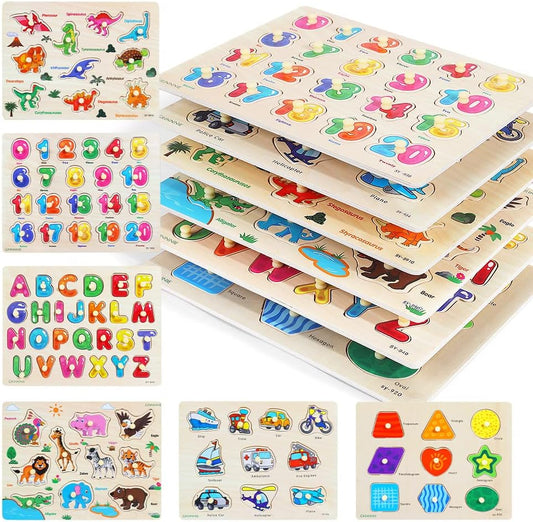 GRINNNIE Wooden Peg Puzzle for Toddlers, 6 Pack Toddler Puzzles Set for 3 4 5 Years Old (Alphabet Number Shape Animal Dinosaur Vehicle), Preschool Education Learning Puzzle Toys for Girls and Boys