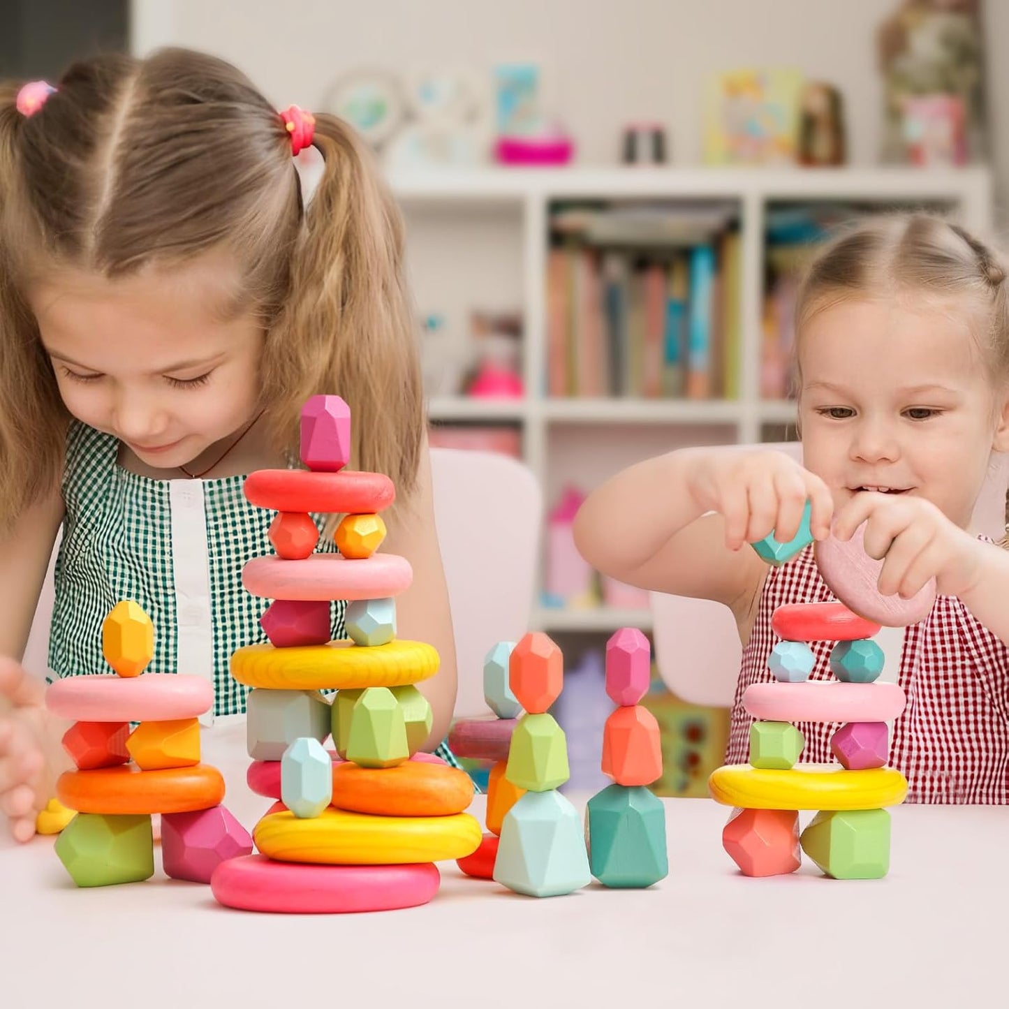 OESSUF Stacking Rocks 48Pcs Stacking Blocks Balancing Stacking Stones Wooden Building Toys Wood Stone Stacking Game for Toddler Sorting Preschool Educational Montessori Stacking Rocks for Kids