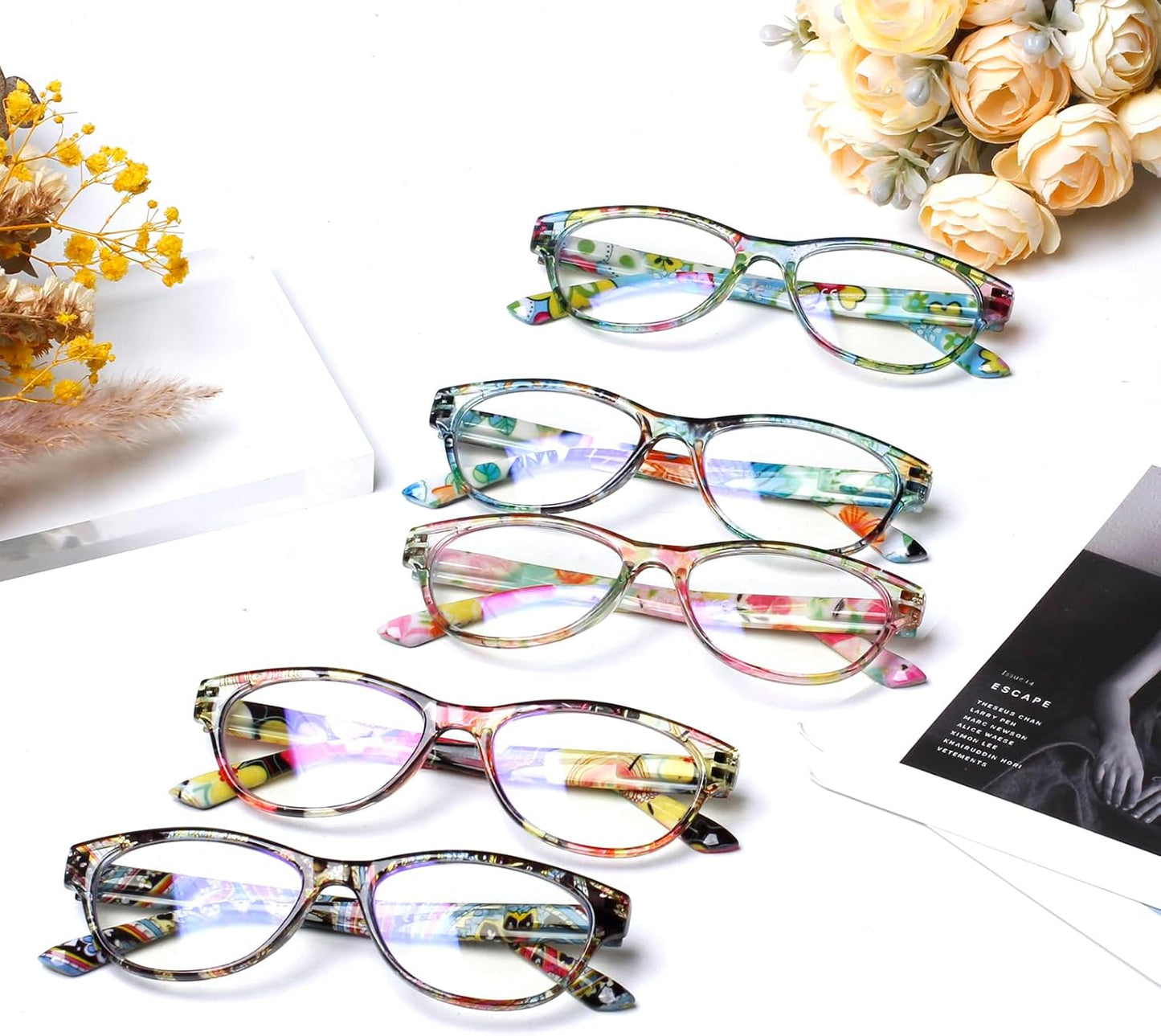 SIGVAN Ladies Cat Eye Reading Glasses 5 Pairs Blue Light Blocking Spring Hinge Fashion Pattern Print Readers for Women
