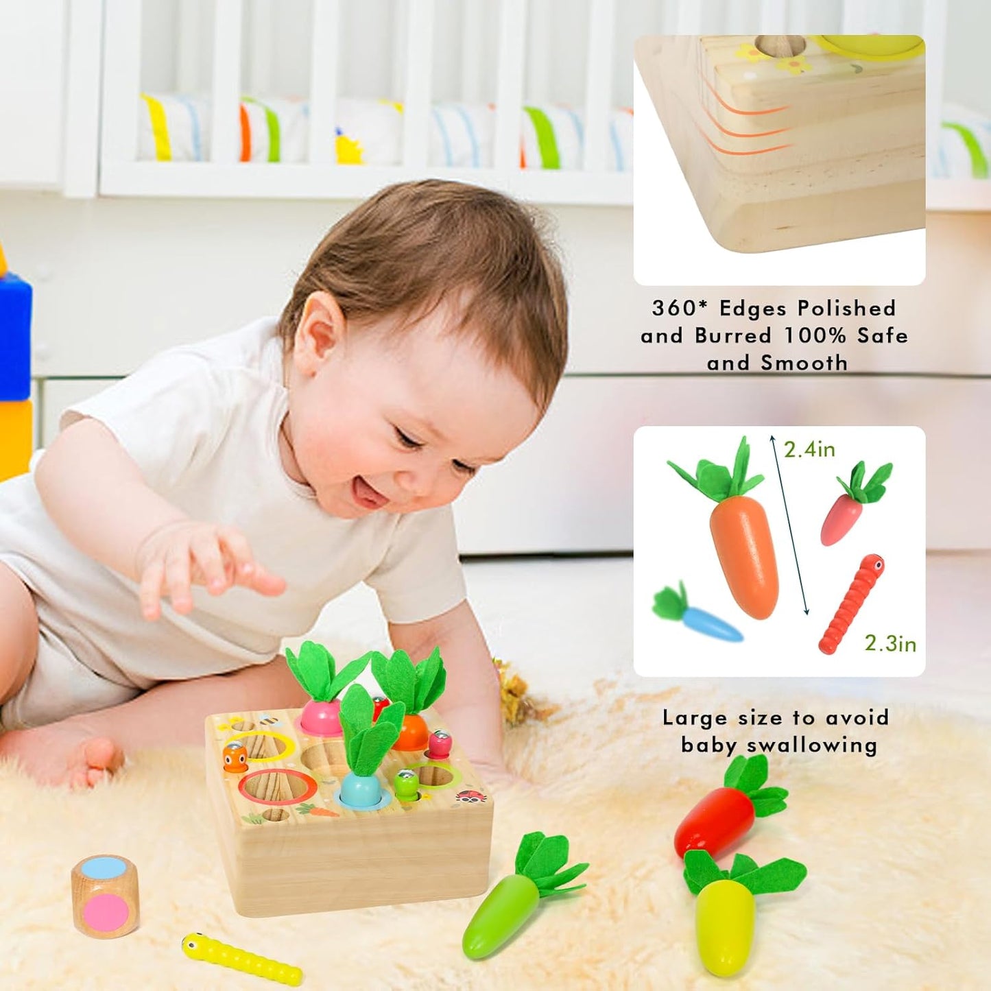 Ancaixin Montessori Toys for Babies 6-12 Months, Wooden Toys for 1 Year Old Boys and Girls, Educational Carrot Harvest Toy for Toddlers, Shape Sorting Matching Puzzle, Developmental Birthday Gifts