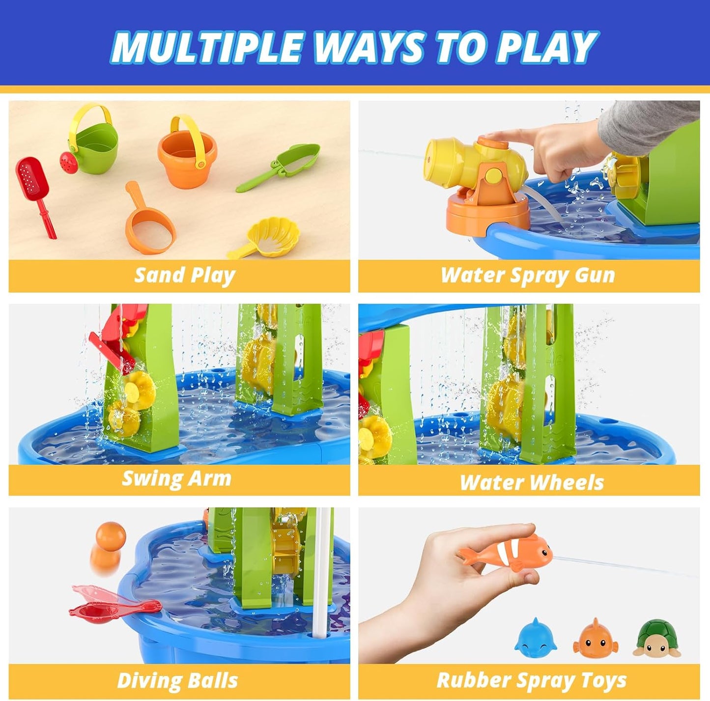 Wee Wonders 3-Tier Water Table for Toddlers, Kids Sand Water Table with Adjustable Umbrella, Sand Toys & Fishing Game, Sensory Table Activity Playset for Outdoor Beach, Summer Toys for Girls Boys 3-5