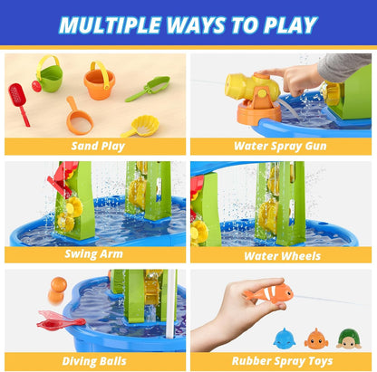 Wee Wonders 3-Tier Water Table for Toddlers, Kids Sand Water Table with Adjustable Umbrella, Sand Toys & Fishing Game, Sensory Table Activity Playset for Outdoor Beach, Summer Toys for Girls Boys 3-5