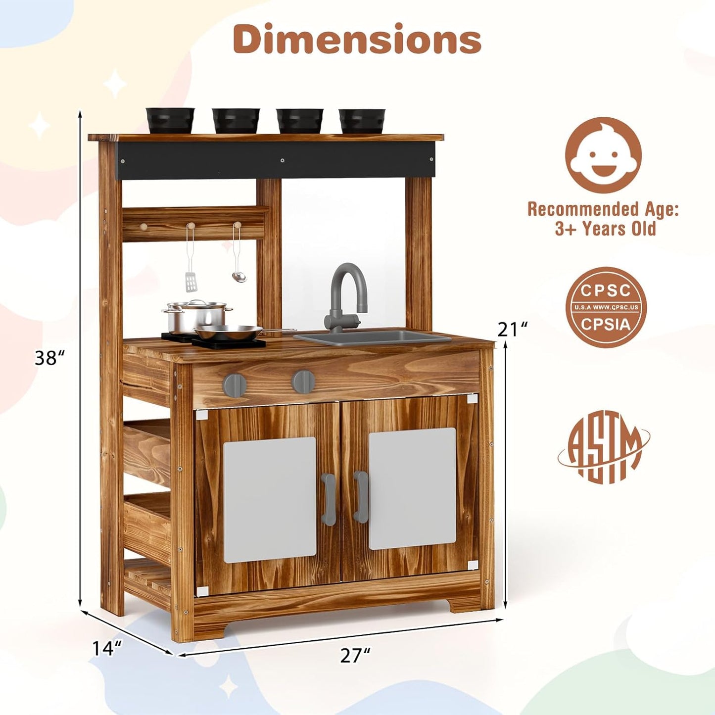 KOTEK Mud Kitchen with Canopy, Outdoor Play Kitchen with Removable Sink, Chalkboard, 4 Stoves, Cooking Accessories & Storage Cabinet, Wooden Toy Kitchen Playset for Kids Age 3+