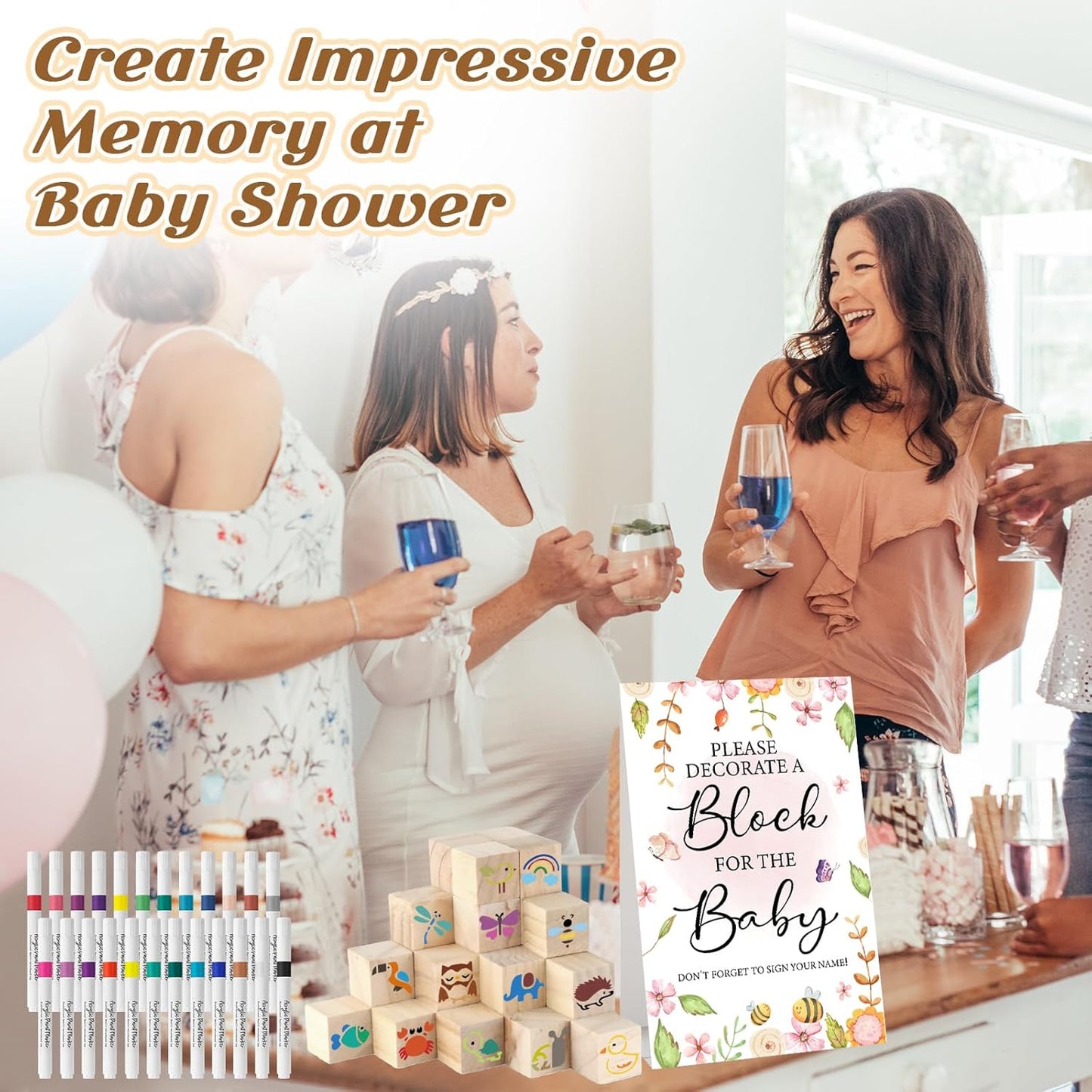 117 Pcs Baby Shower Blocks to Decorate Game Kit Includes 52 Wooden Blocks 24 Markers 1 Game Sign 40 Templates to Paint (Kraft)
