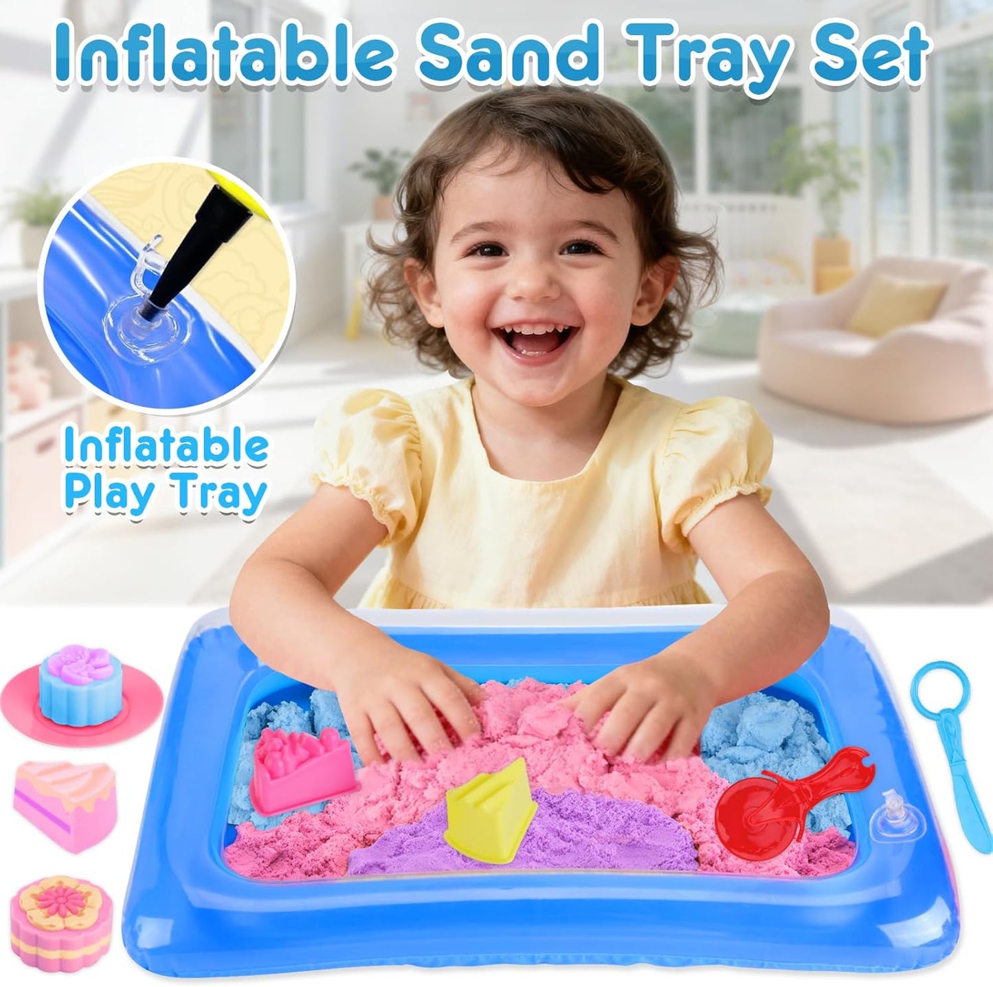 Crelloci Cake Play Sand Toys, Sensory Bin with 3 Colors Sand, Inflatable Sandbox & Air Pump, 12 Cake & 5 Shaped Molds, Tools, Art Kit Gift for Kids Toddlers Girls Boys Ages 3 4 5 6 7 8 9 Years Old