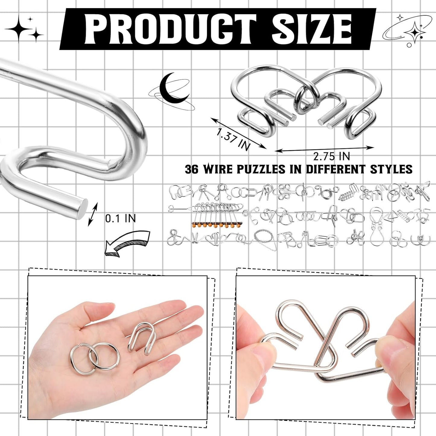 Yilloog Metal Brain Teaser Puzzles Set of 36 with Pouch, Steel IQ Games Physics Mind Metal Puzzles for Adults Basket Stocking Stuffers for Boys Girls Adults Challenge Gifts (Easy)