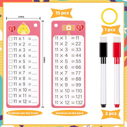 15Pcs Multiplication Flash Cards 0-12, Time Table Flash Cards Chart with 2 Dry Erase Pens 1 Rings, Educational Math Multiplication Chart for 1st to 3rd Grades Fun Learning with Math Game