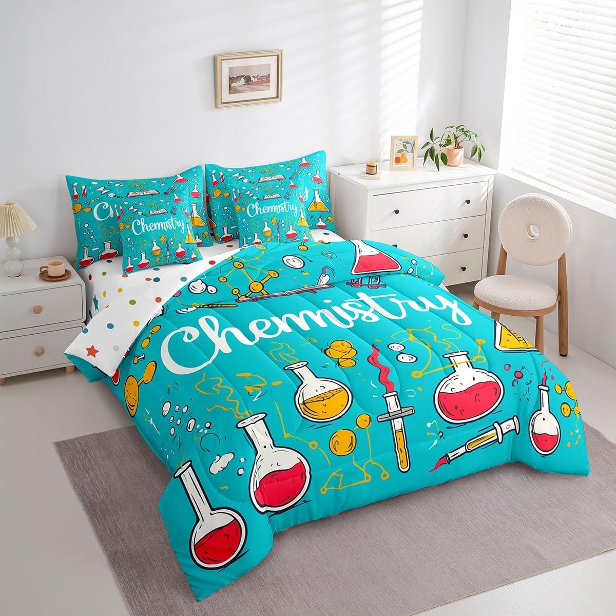 Erosebridal Chemical Equation Bed in a Bag Queen Comforter Set 7 Piece,Chemistry Bedding Sets Science Students Learning Gift Sheet Set with Comforter,Molecular Formula Education Bed Set - Colors A