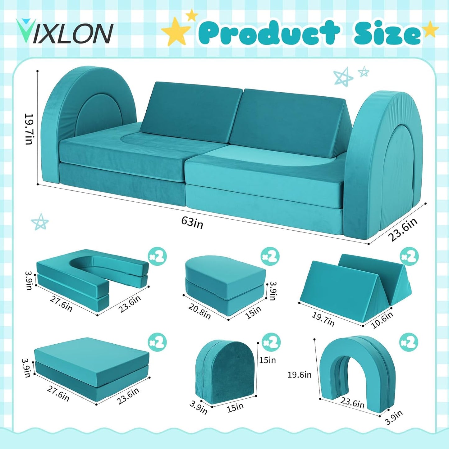 Tangram Puzzles modular kids play couch building fort, Children explorer sofa with Ball Pit, Kids playroom convertible furniture for Inspiring Child Creativity, Made entirely of sponge (Blue Series)