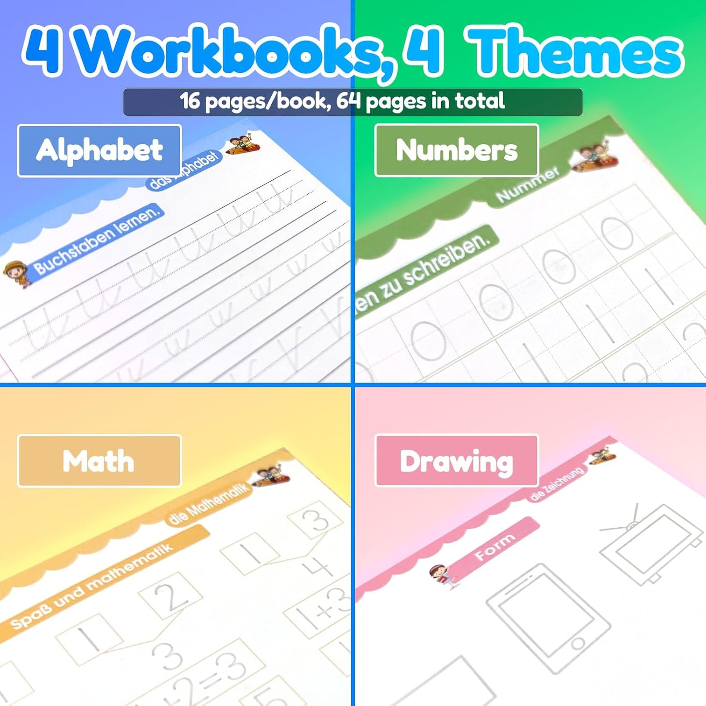 4 Magic Tracing Practice Books – Grooved Handwriting Arabic Copybooks for Kids, Reusable Writing Practice Workbooks Without Tears, Disappearing Ink for Toddlers Preschool Learn (Arabic)
