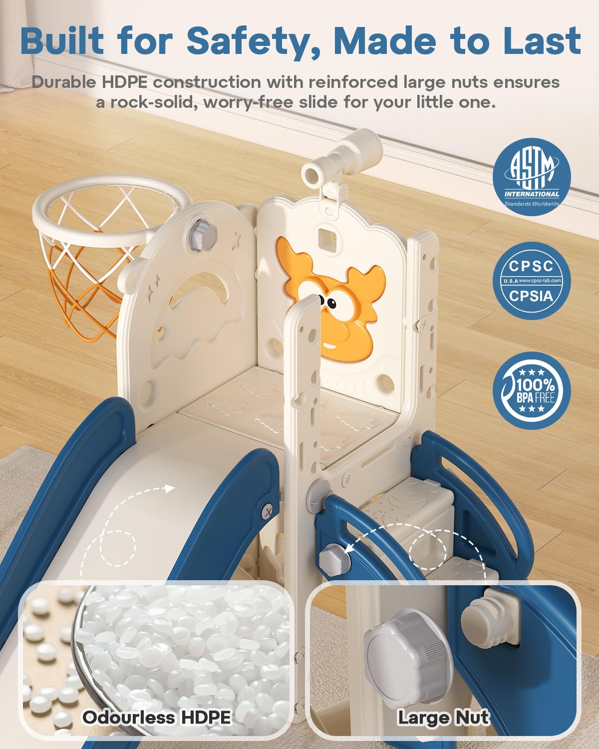 BIERUM Toddler Slide for Kids,6-in-1 Indoor Outdoor Toddler Slides Playground with Basketball Hoop, Golf Game & Telescope, L-Shaped Baby Slide Climber Playset, Cream&Gray