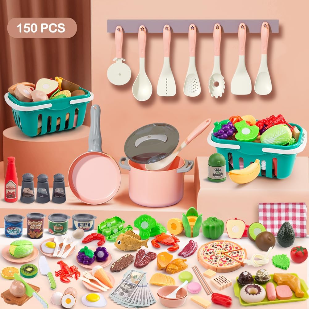 150Pcs Kitchen Playset, Toddlers Pretend Cooking Cookware Accessories, Food, Picnic Blanket, Fruits, Veges, 2Pack Shopping Storage Basket, Dessert and Prop Money, Gift for Kids (Pink)