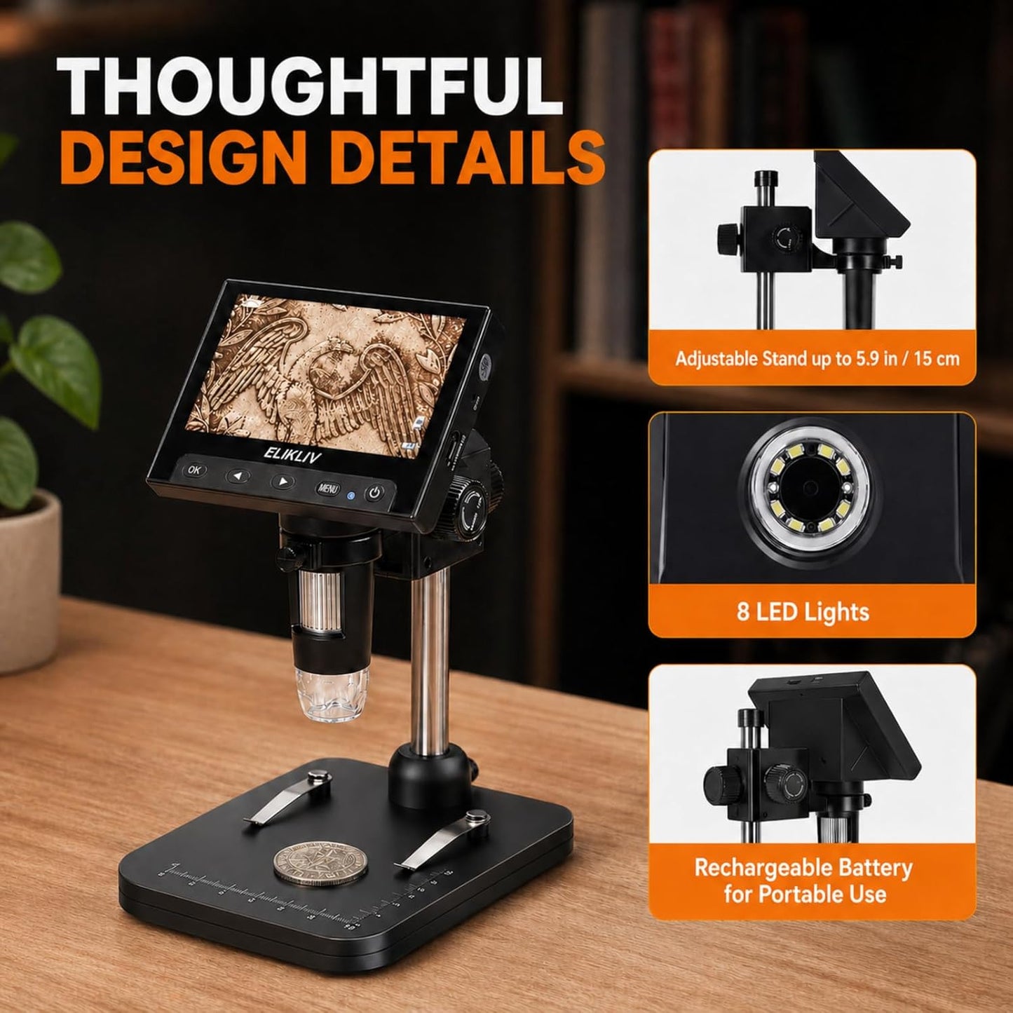 Elikliv Microscope, LCD Digital Coin Microscope 1000x, Coin Magnifier with 8 Adjustable LED Lights, PC View Compatible with Windows/MacBook, EDM4, 4.3-Inch