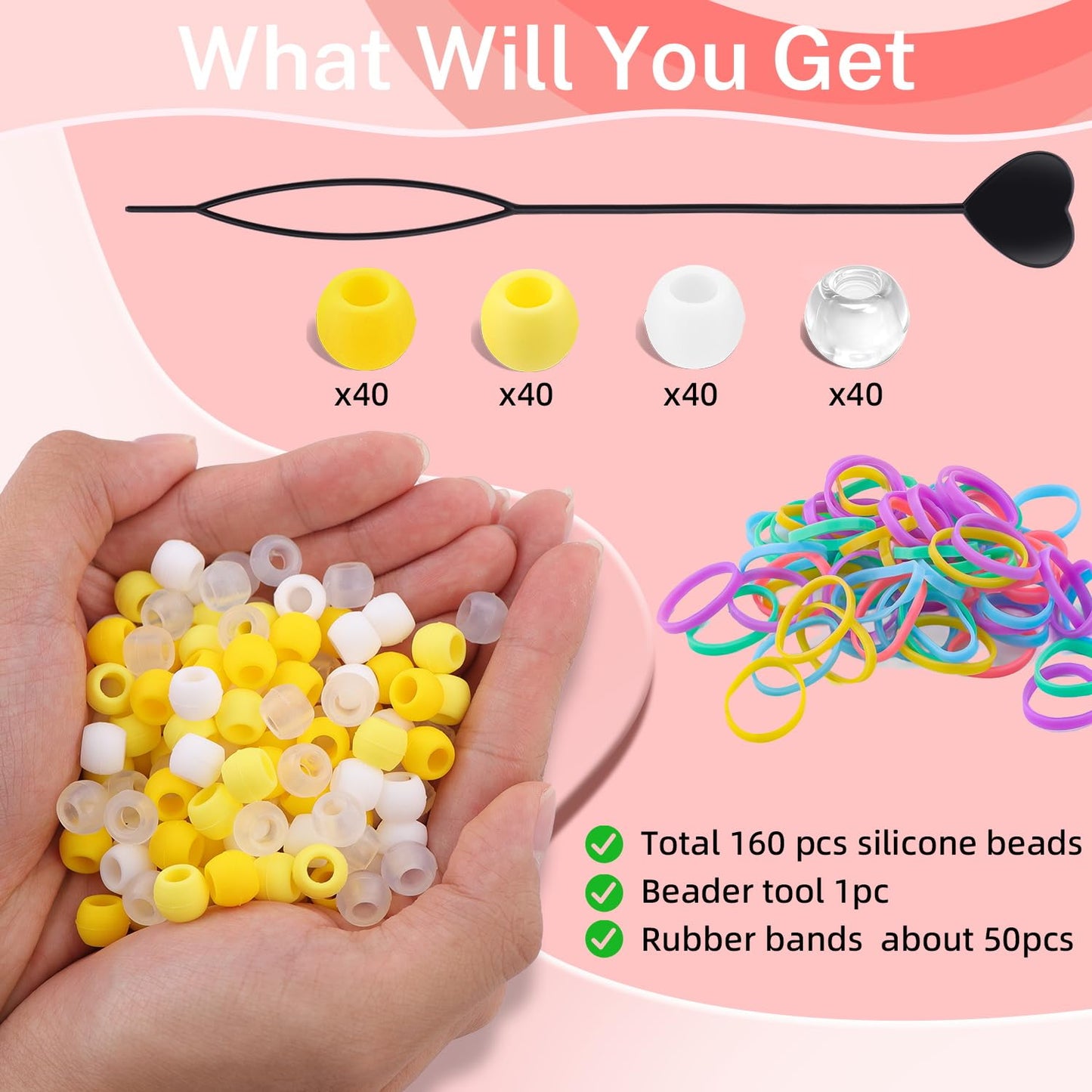 150Pcs 10mm Small Silicone Beads for Hair Braids, Soft Jellyish Pony Hair Beads with 5mm Hole + 50 Rubber Bands and 1 Beader for Braiding, DIY Bracelets Necklaces Crafts (Pink)