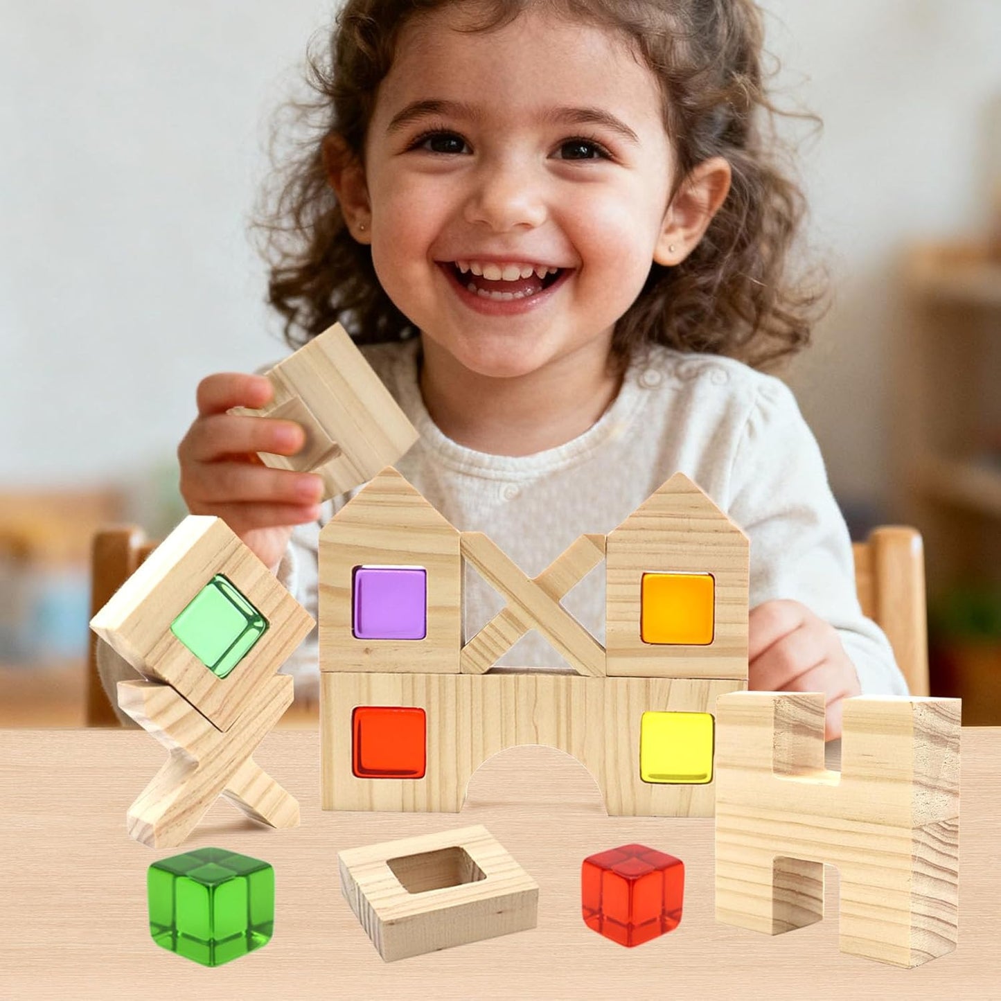 Wooden Building Blocks Set for Kids, 60 PCS Rainbow Acrylic Gem Cubes Stacking Blocks, Montessori Stacking Toy for Toddlers Educational Toy Early Learning Gifts for Boys Girls 3-6 (60)