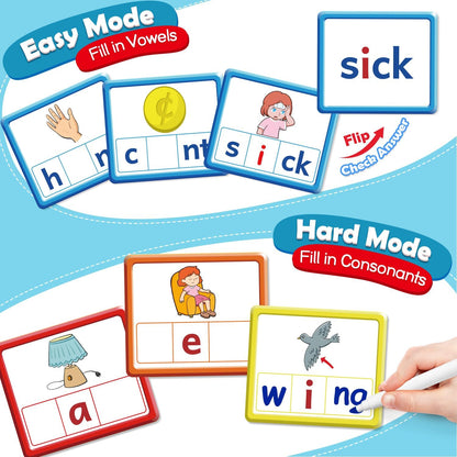Torlam CVC Word games Phonics Games Sight Words Flash Cards, Spelling Reading Learning Flashcards, Speech Therapy Toy Preschool Kindergarten Classroom Learning Activities Must Have Homeschool Supplies