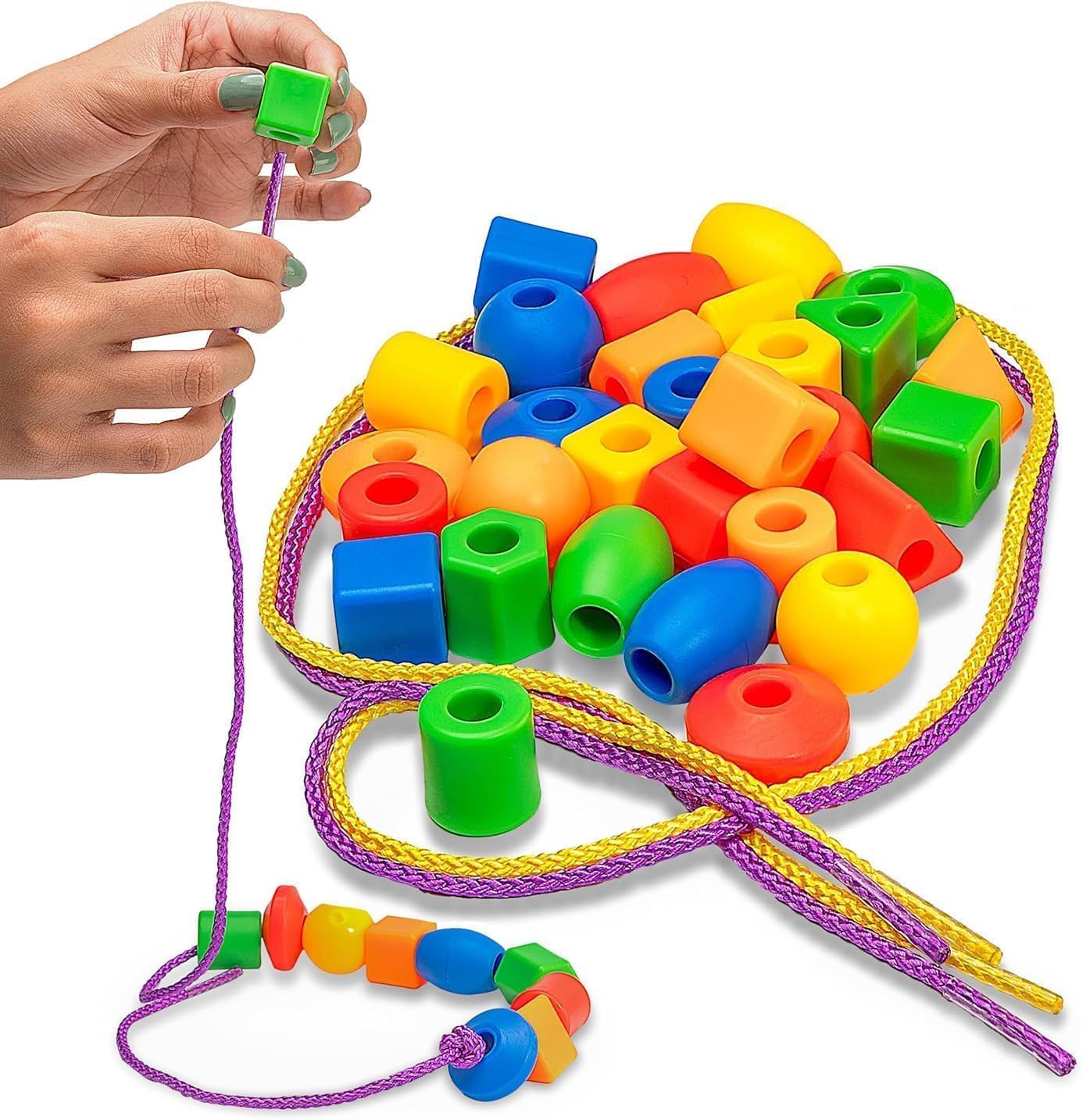 Skoolzy Lacing Beads 30 Pcs for Montessori Toys for 3 Year Old and Toddler Crafts Ages 2-4 with Beads for Kids Learning and Travel Activities Fine Motor Skills Toys