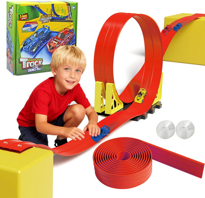 16.5ft Build Anywhere Portable Race Track with Suction Cups - Flexible Roll-Up Design Fits 1/64 Scale Cars, Portable Toy Gift for Kids 4+ Year Old (3 Tracks/Red)