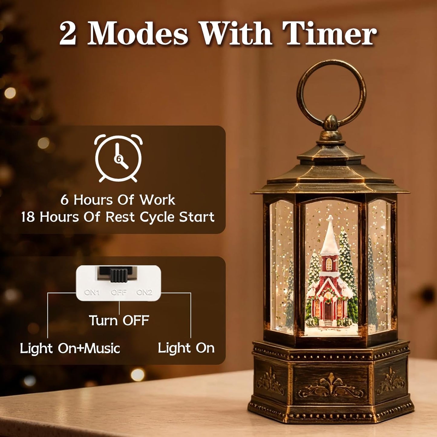 Christmas Snow Globes Lantern, Church and Christmas Tree Christmas Decorations Indoor, 6H Timer Battery & USB Powered Light Up Musical Snow Globes for Kids Women Adults Gift Thanksgiving Home Decor