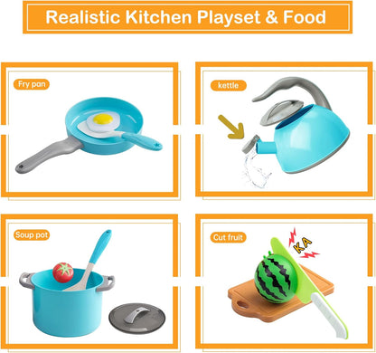 150Pcs Kitchen Playset, Toddlers Pretend Cooking Cookware Accessories, Food, Picnic Blanket, Fruits, Veges, 2Pack Shopping Storage Basket, Dessert and Prop Money, Gift for Kids (Pink)