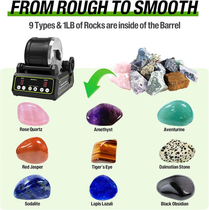 C1 Rock Tumbler Kit - Large 2.5LB Rotary Rock Tumbler for Adults & Hobbyists, Quiet Rubber Barrel, Adjustable Timer & Speed, Complete Gem Polishing Kit with Memory Function