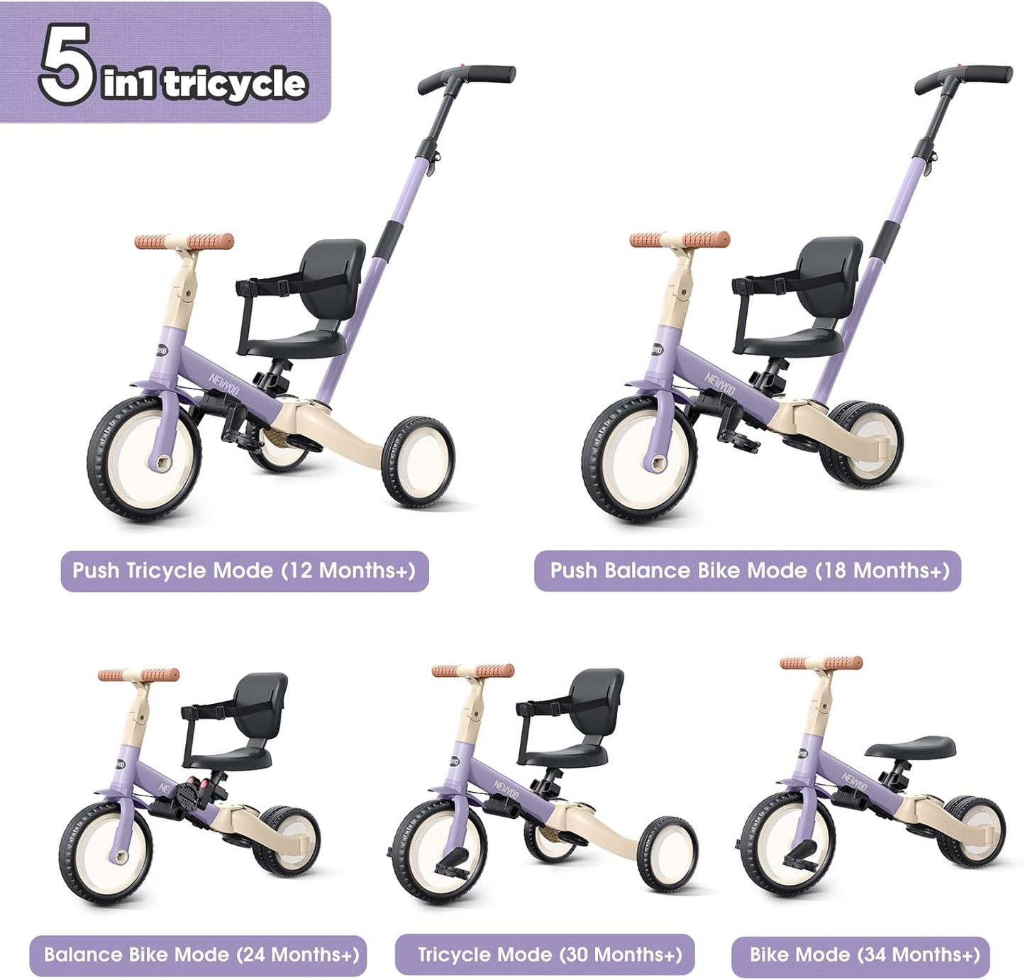 newyoo Toddler Tricycle with Push Handle for 1-3 Year Old, Toddler Bike, Birthday Gift and Toy for Boys and Girls, 5 in 1 Kids Trike, Balance Bike with Backrest and Safety Belt, Khaki, TR007