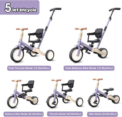 newyoo Toddler Tricycle with Push Handle for 1-3 Year Old, Toddler Bike, Birthday Gift and Toy for Boys and Girls, 5 in 1 Kids Trike, Balance Bike with Backrest and Safety Belt, Khaki, TR007