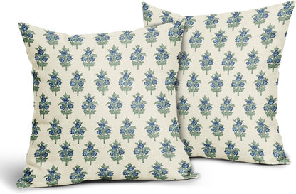 Sage Green Blue Floral Block Print Pillow Covers 18x18 Set of 2 Spring Flower Pattern Decorative Throw Pillowcases Outdoor Rustic Farmhouse Square Cushion Cases Decor for Home Couch Sofa Bed