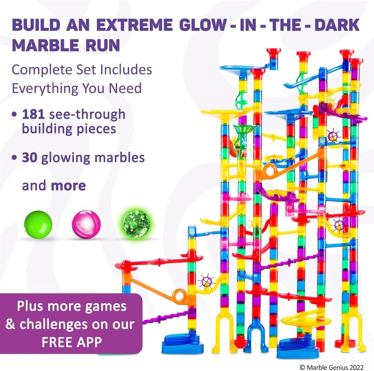 Marble Genius Marble Run Race Track - 300-Piece Multicolor Glow Extreme Set - STEM Building Toy & Marble Race Set for Kids Ages 4+