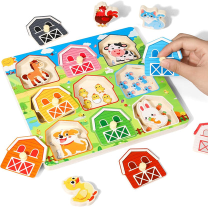 Toddler Wooden Puzzles Ages 1-3, Montessori Toys for 1 2 3 Year Old Boys Birthday Gifts, Farm Animal Peg Puzzles for Toddlers Age 2-4 Girls - Preschool Learning Activities