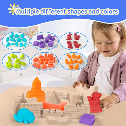 50 Ps Deluxe Sand Molds Tools Set, Sandbox Toddlers Toys, Beach Sand Castle Building, Indoor Outdoor Sensory Kids Play - Safari Animals, Mini Castles, Geometric Shapes Compatible with Any Molding