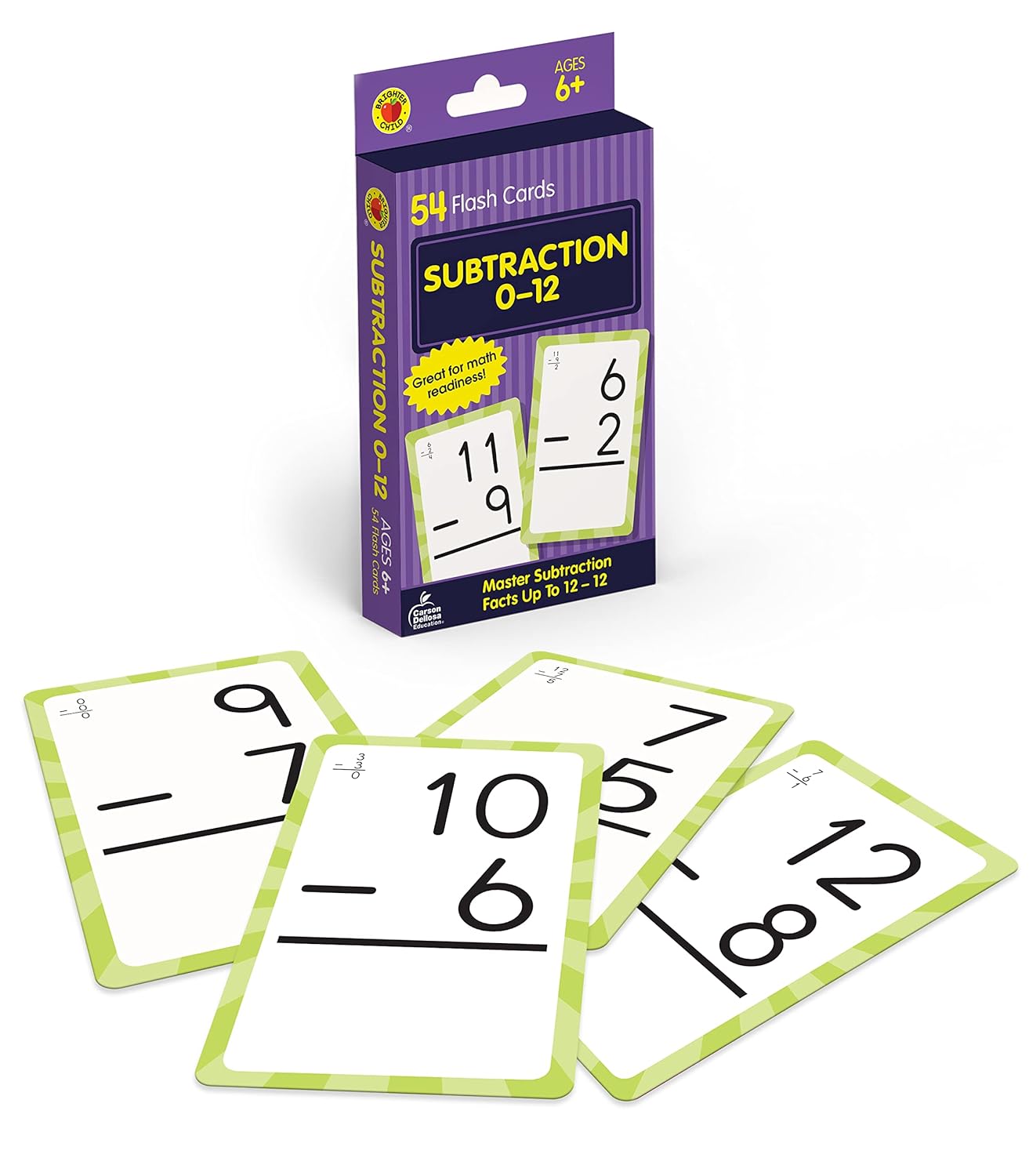 Carson Dellosa 54 Subtraction Flash Cards, All Facts for Subtracting Through 12, Mathematics Flashcards for Ages 6 and Up, Kindergarten, 1st Grade Learning Activities and Math Games for Kids 5-7