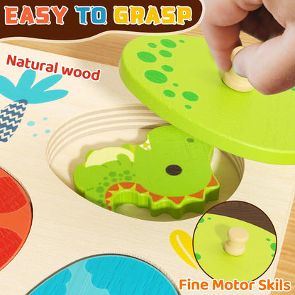 Wooden Toddler for Puzzle 2-4, Dinosaur Matching Eggs Peg Puzzles, Preschool Learning Educational Montessori Toys for 2 3 4 Year Old Boys Girls