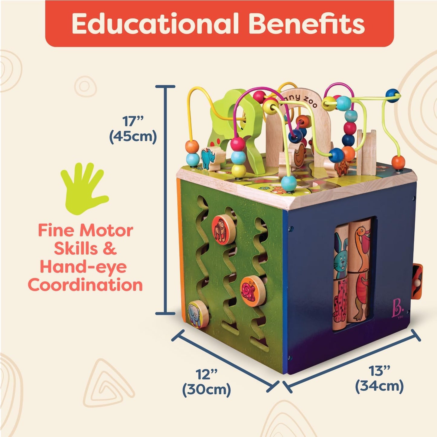 B. toys – Tabletop Activity Cube – Educational Storybook Included – Wooden Shape Sorter, Bead Maze, Animal Tiles – Top Flips for Compact Storage – 12+ Months – Lil' Learning Cube