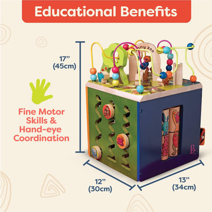 B. toys – Tabletop Activity Cube – Educational Storybook Included – Wooden Shape Sorter, Bead Maze, Animal Tiles – Top Flips for Compact Storage – 12+ Months – Lil' Learning Cube
