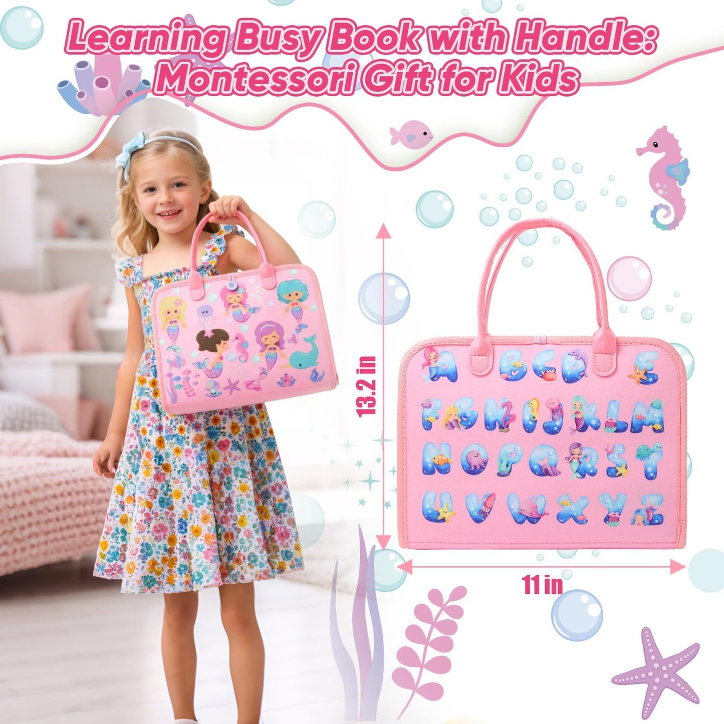 Mermaid Busy Board Book Toys for Girls, Sensory Educational Activities Busy Book for Learning Fine Motor Skills for Toddlers, Travel Activities Toy for Airplane and Car Travel