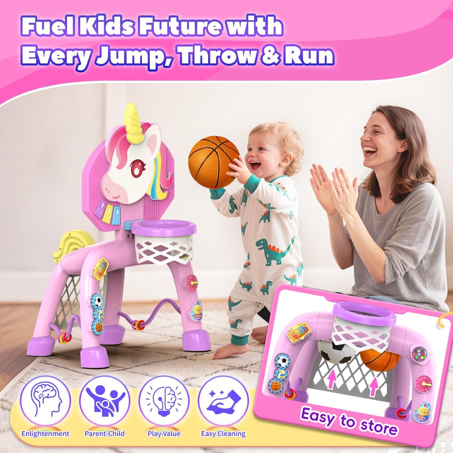 Toddler Basketball Hoop & Soccer Goal， Baby Toy for 1 2 3 Year Old Girls, Kids Activity Center Toys with Light & Music,Unicorn Toys for Girls 12-18-36 Months, Christmas Birthday Gifts for Ages 1-3