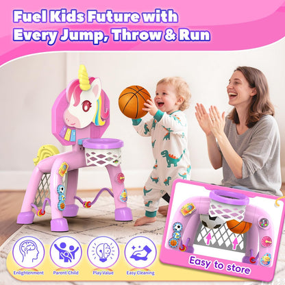 Toddler Basketball Hoop & Soccer Goal， Baby Toy for 1 2 3 Year Old Girls, Kids Activity Center Toys with Light & Music,Unicorn Toys for Girls 12-18-36 Months, Christmas Birthday Gifts for Ages 1-3