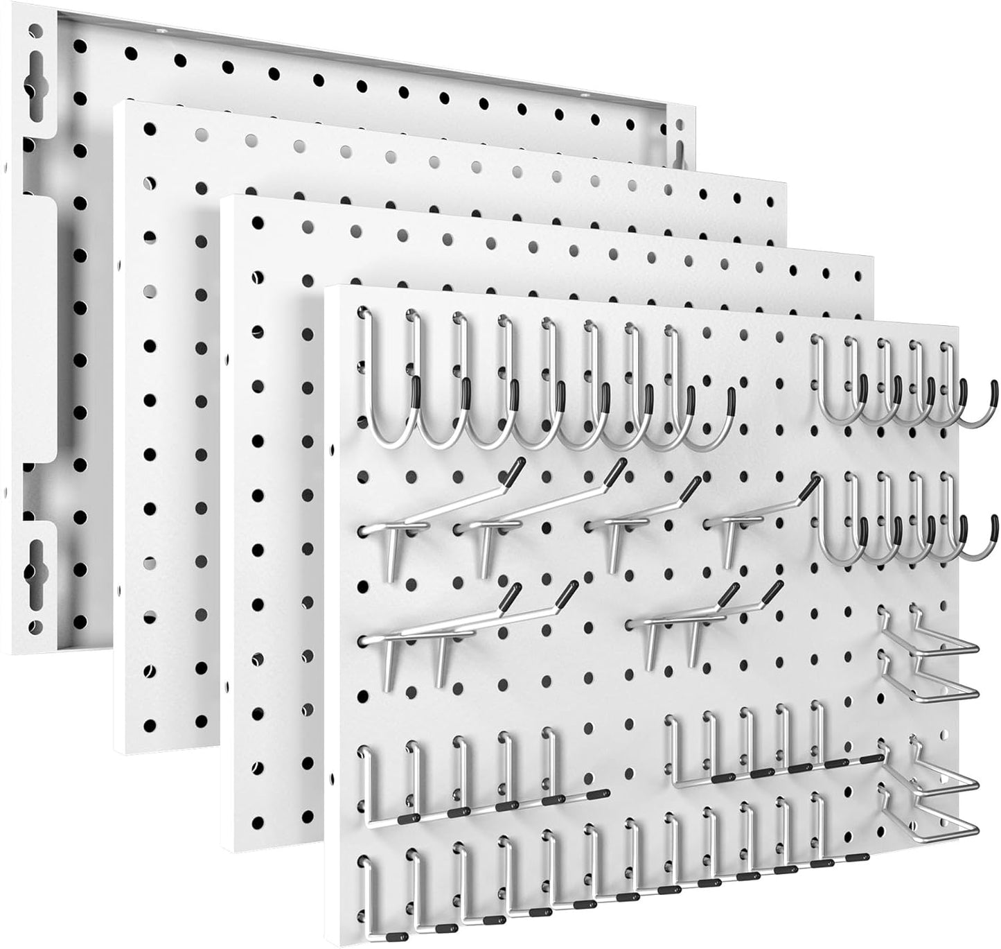 Spampur Peg Board, 4 Pack Metal Pegboard Panels with 50 Hooks, Black Pegboards Wall Organizer, Heavy Duty Peg Board for Walls Home, Garage Tool Storage, Office Organization, Craft Room, Kitchen