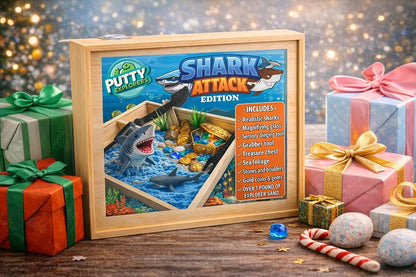 Shark Sensory Bin Kit for Kids - Ocean Sensory Play Kit with Wooden Storage Box, Moldable Sand, Sharks & Treasure Chest - Montessori STEM Learning Toy, Shark Gifts for Boys & Girls Ages 4-8
