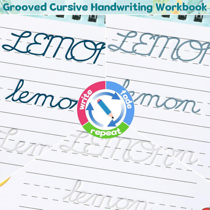 chiazllta Grooved Cursive Handwriting Workbook with Disappearing Ink Pens Magic Reusable Grooved Cursive Writing Practice for Beginners Kids Kickoff Student Workbook Homeschooling Supplies (Letters)